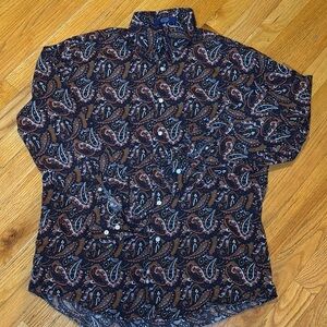 Alan Flusser Casual Brown and Black Button Down Paisley Shirt, SzM